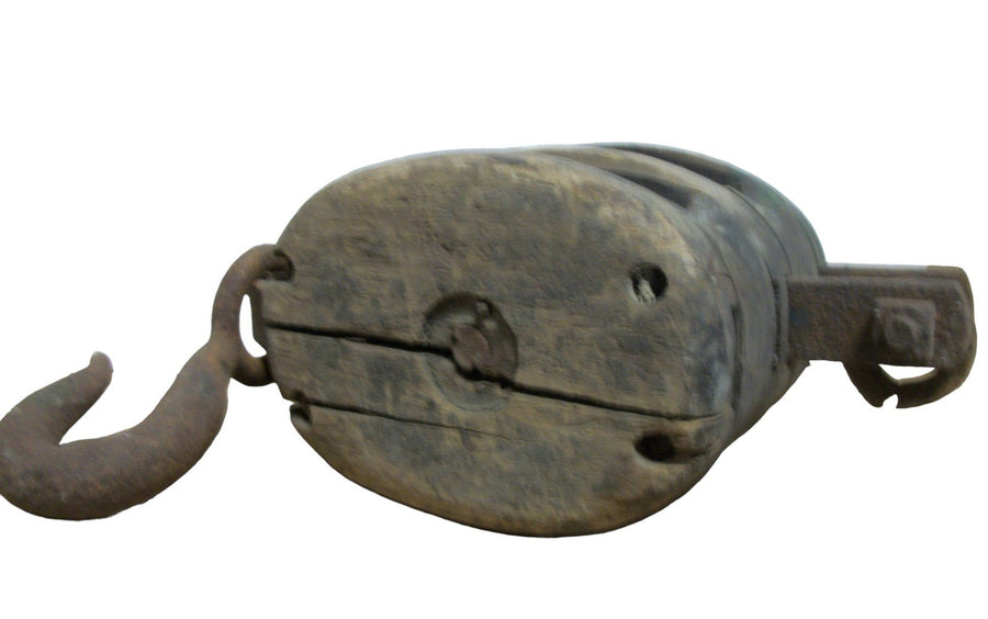 Vintage Antique Wood Double Pulley Metal Hook