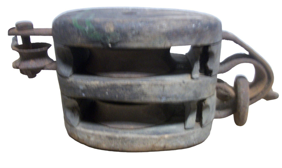 Vintage Antique Wood Double Pulley Metal Hook