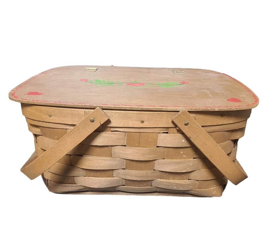 Vintage Hand Painted Woven Picnic Pie Basket Double Handle Hinged Lid Hearts