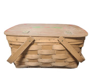 Vintage Hand Painted Woven Picnic Pie Basket Double Handle Hinged Lid Hearts