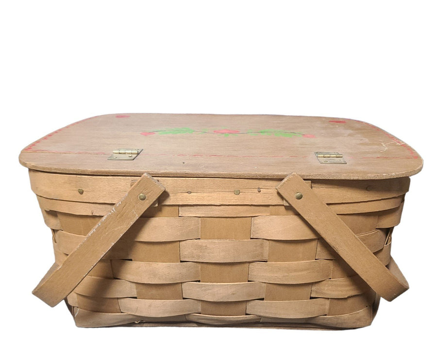 Vintage Hand Painted Woven Picnic Pie Basket Double Handle Hinged Lid Hearts