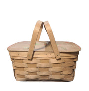 Vintage Hand Painted Woven Picnic Pie Basket Double Handle Hinged Lid Hearts