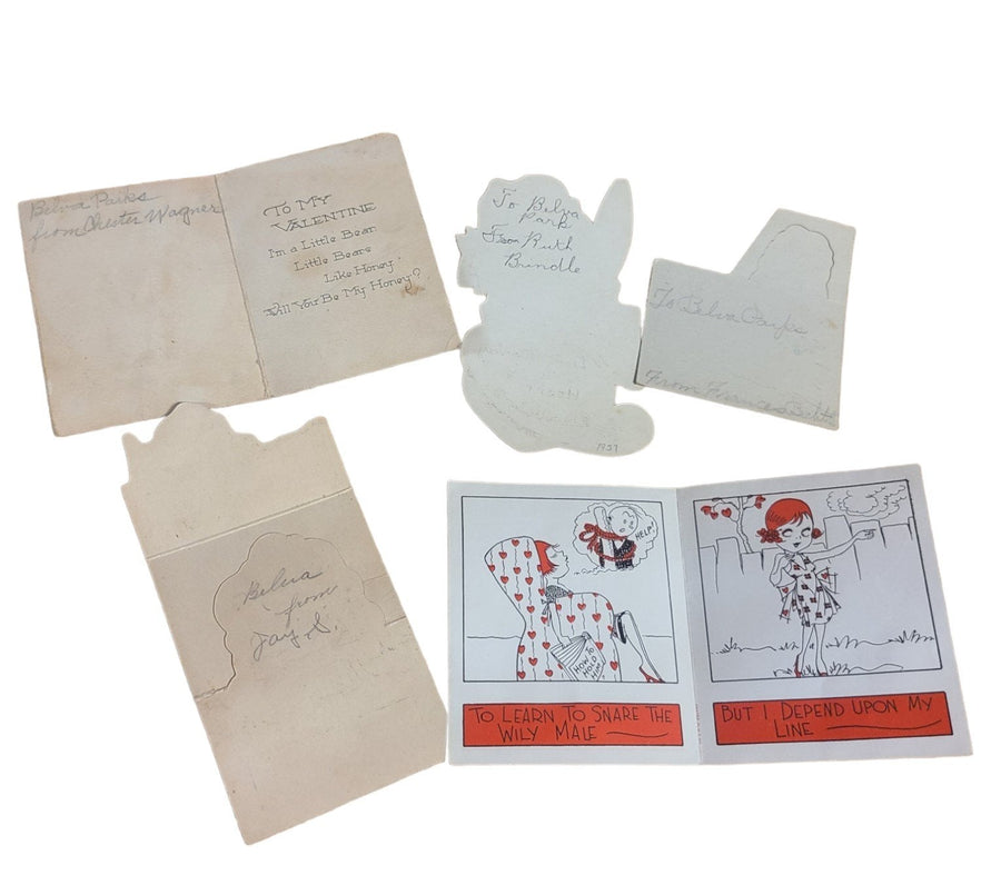 Antique Valentines Day Cards Set of Five 1930s Once Loved Signed Comics Cute