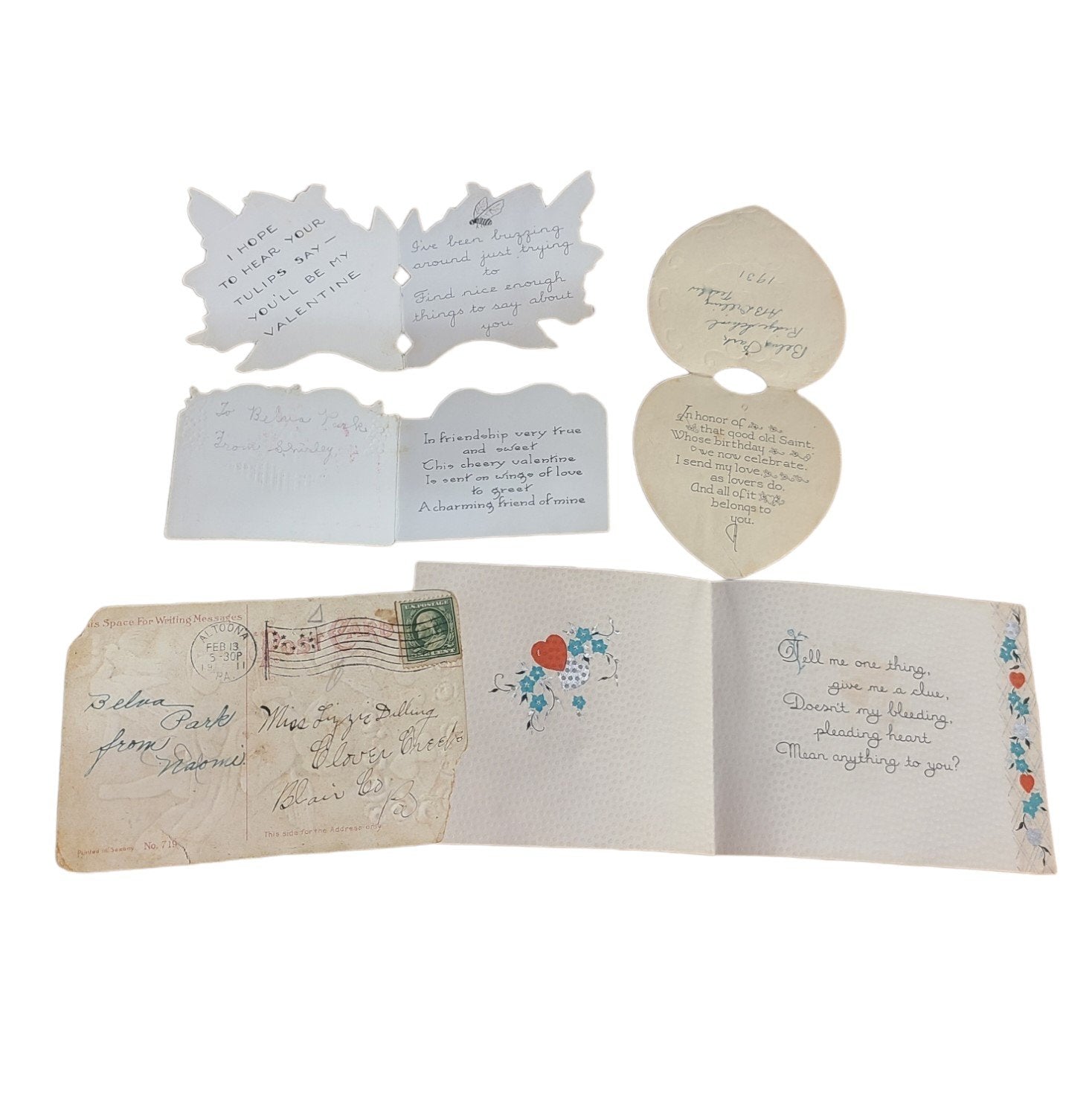 Antique Valentines Day Cards Set of Five1930s Once Loved Signed Romantic Hearts