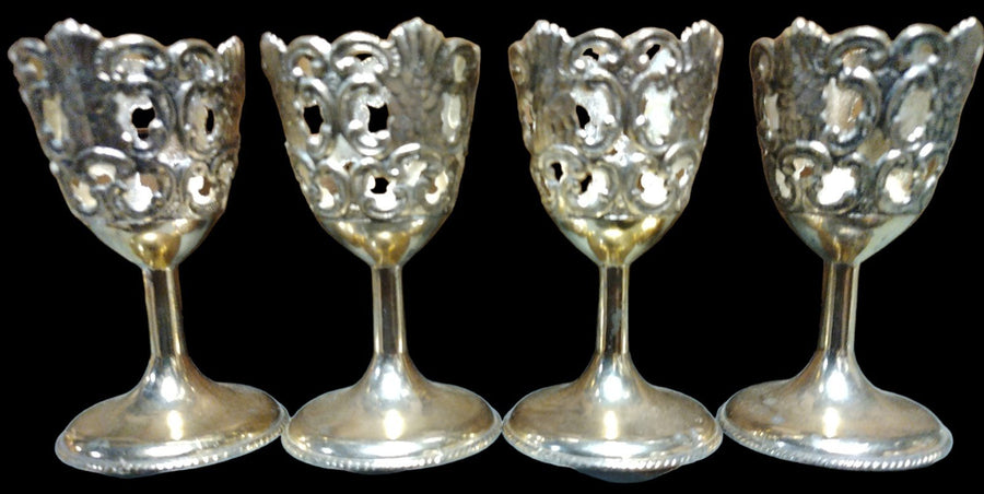 Vintage Antique Set of 4 Metal Silver Plated Tulip Cordial Glass Holders Cups