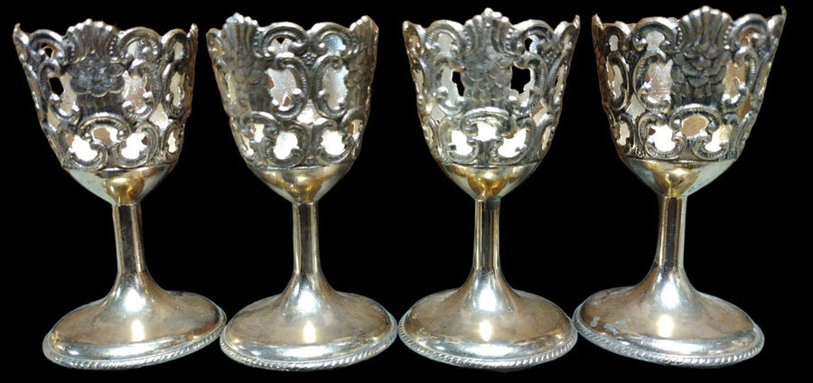 Vintage Antique Set of 4 Metal Silver Plated Tulip Cordial Glass Holders Cups