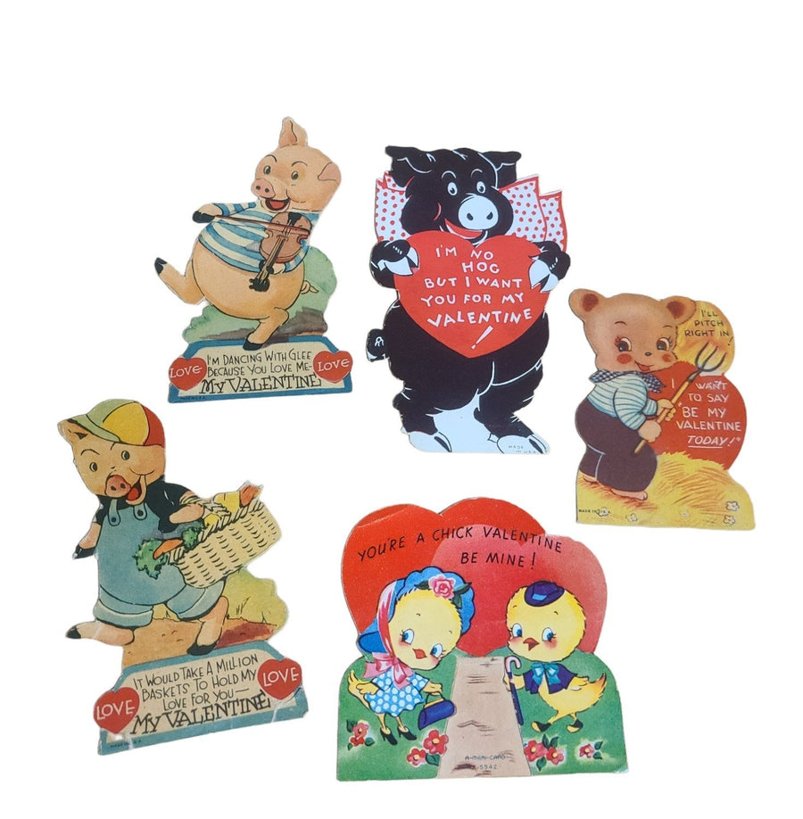 Antique Valentines Day Cards Set of Five Farm Animals 1930s Once Loved Signed