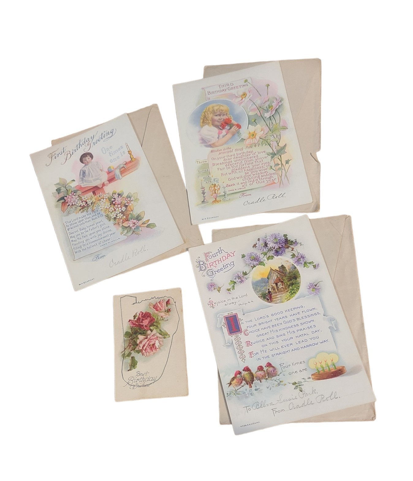 Antique Birthday Cards Set of Four 1930s Once Loved Signed Baby Early Childhood