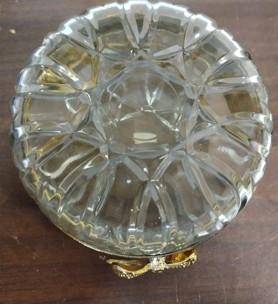 Vintage Gift Collection Round Crystal Glass Jewelry Box With Gold Trim