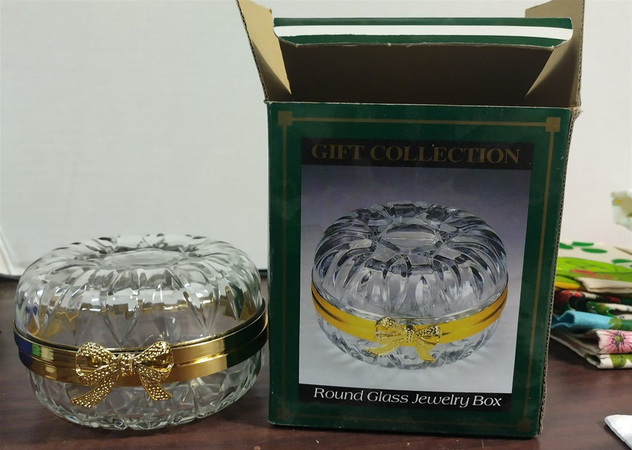 Vintage Gift Collection Round Crystal Glass Jewelry Box With Gold Trim