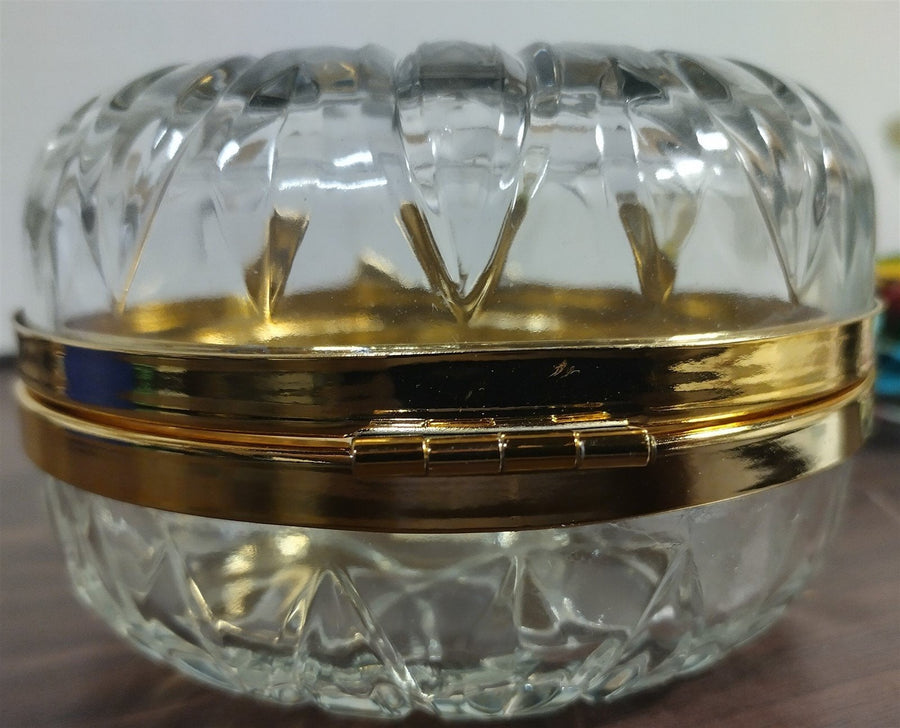 Vintage Gift Collection Round Crystal Glass Jewelry Box With Gold Trim