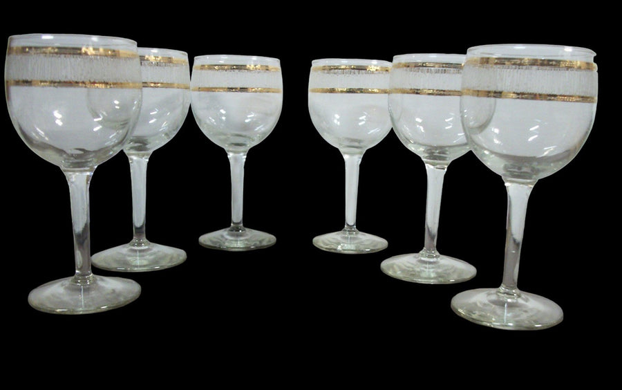 Vintage Antique Retro Gold Banded Etched Goblets Set of 6