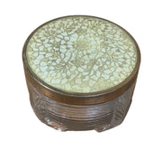 Vintage Art Deco Gold Floral Brass Edge Lid Glass Cosmetic Powder Trinket Jar