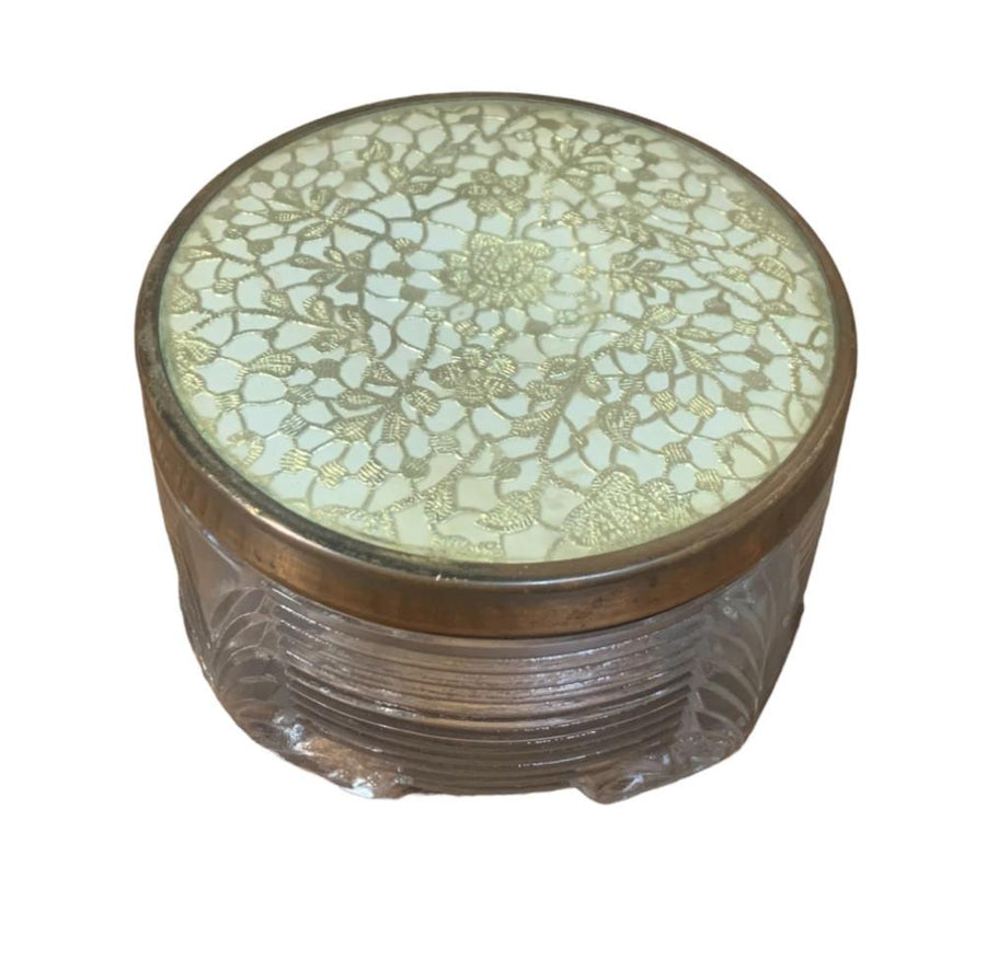 Vintage Art Deco Gold Floral Brass Edge Lid Glass Cosmetic Powder Trinket Jar