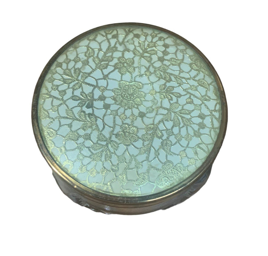 Vintage Art Deco Gold Floral Brass Edge Lid Glass Cosmetic Powder Trinket Jar