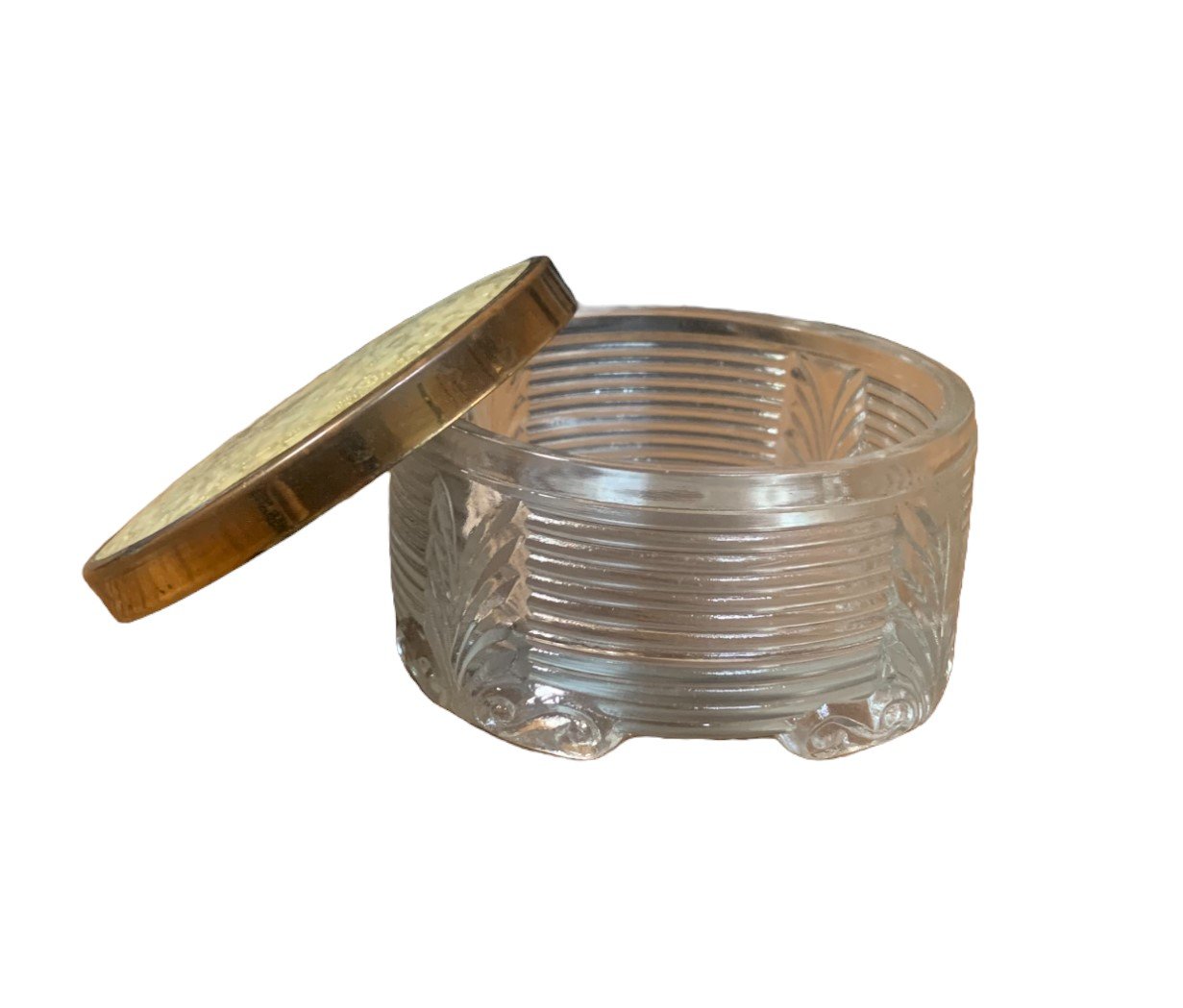 Vintage Art Deco Gold Floral Brass Edge Lid Glass Cosmetic Powder Trinket Jar