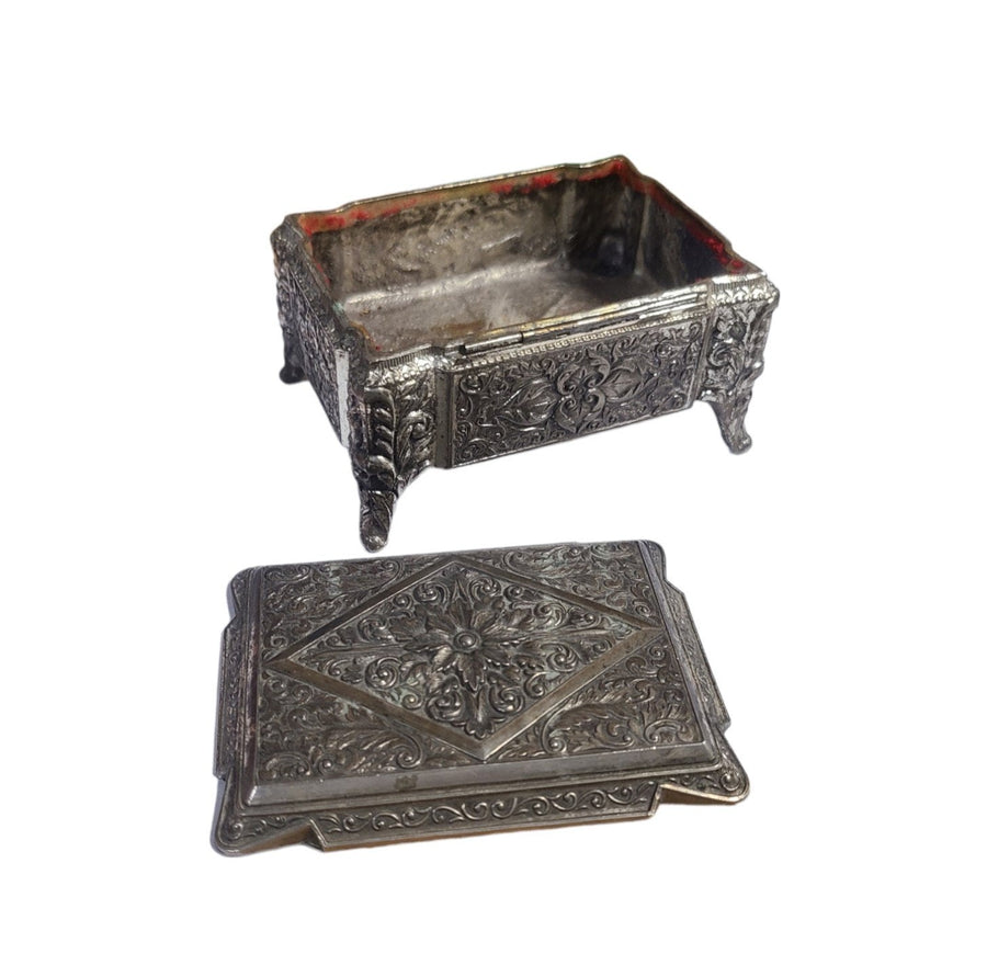 Vintage Metal Footed Jewelry Box Floral Engraved Lidded Trinket Antique Elegant