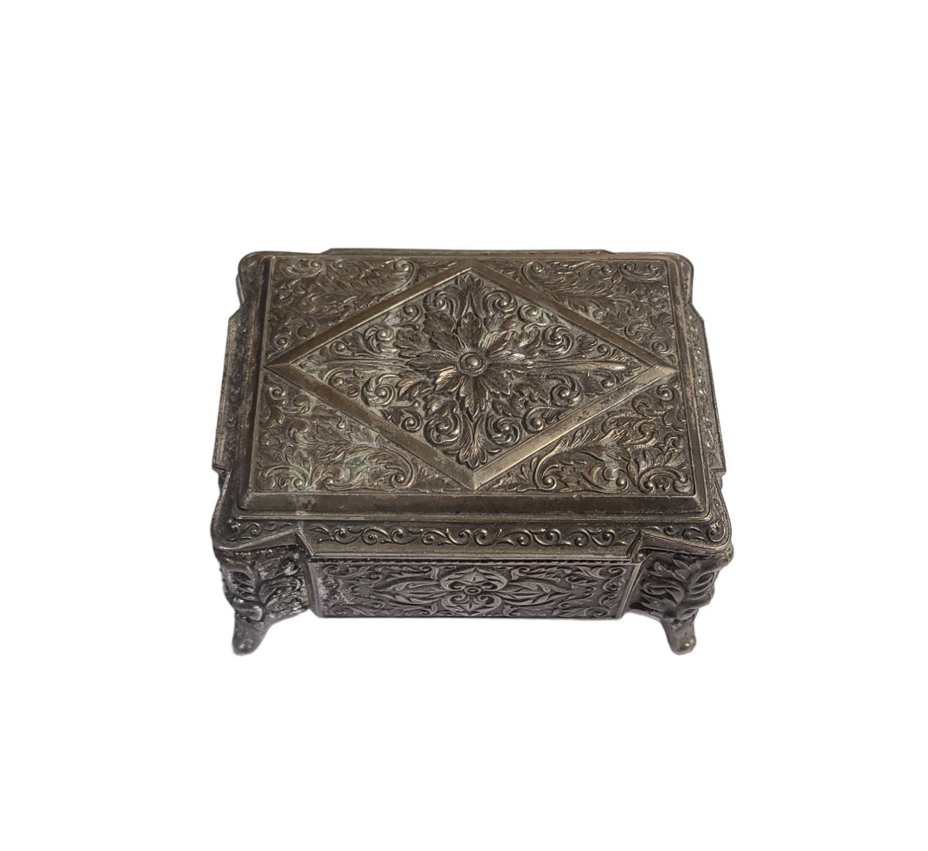 Vintage Metal Footed Jewelry Box Floral Engraved Lidded Trinket Antique Elegant