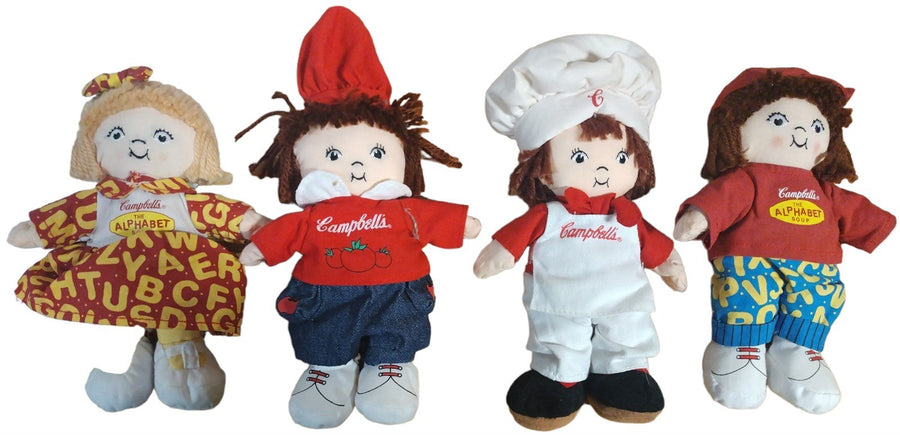 Vintage Set of 4 Different Campbell Kids Soup Plush Dolls Chef & Alphabet Soup