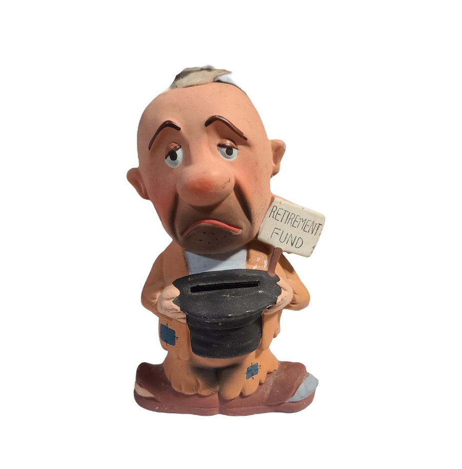 Vintage Retirement Fund Coin Bank Bald Hobo Beggar Rossini Japan 1960s