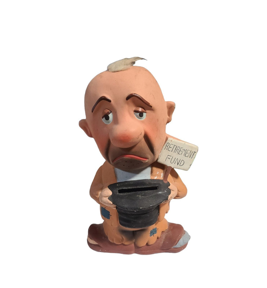 Vintage Retirement Fund Coin Bank Bald Hobo Beggar Rossini Japan 1960s