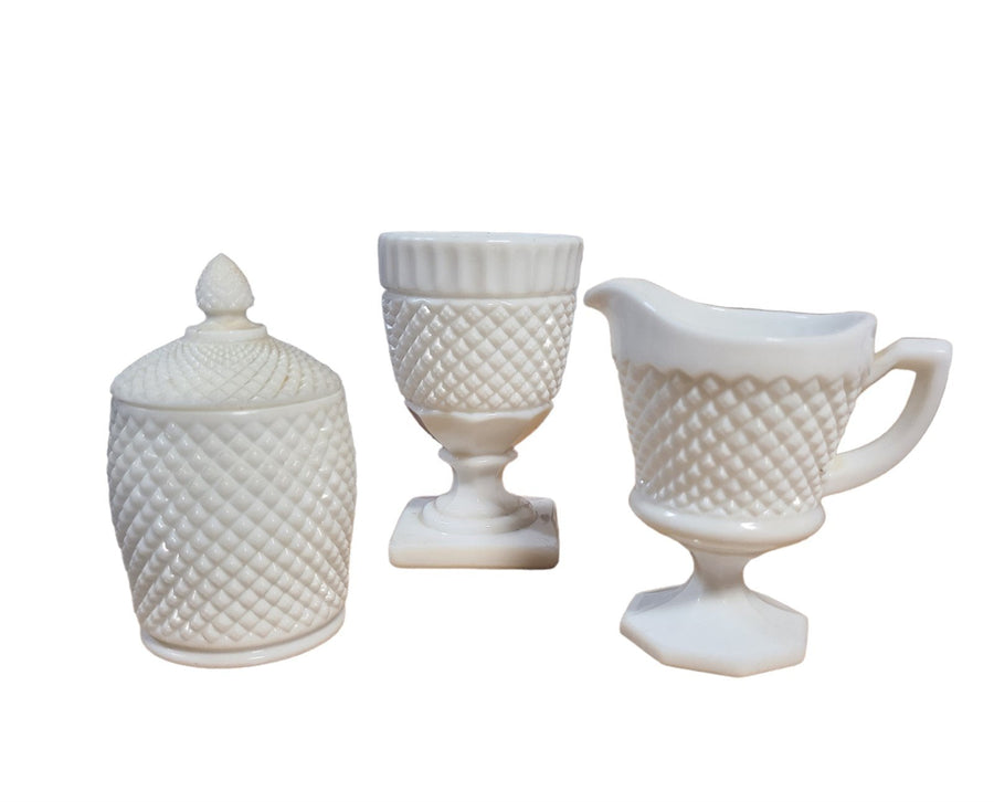 Vintage Westmoreland White Serving Set Creamer Sugar Milk Glass English Hobnail