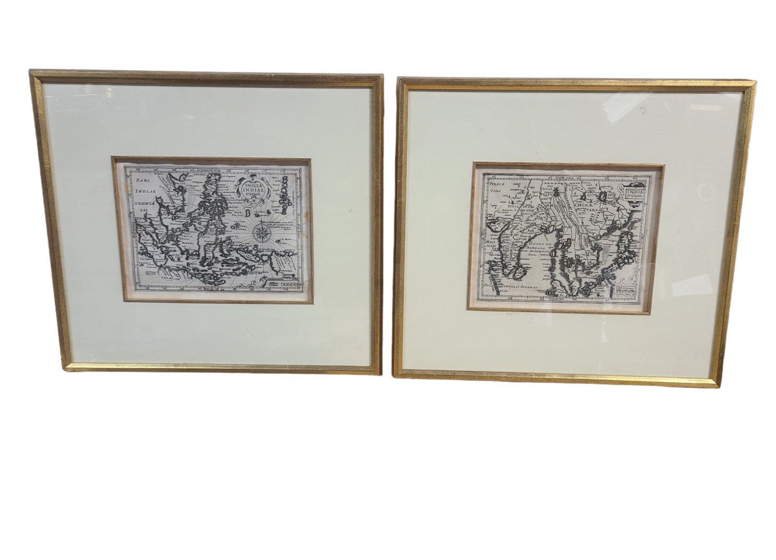 Antique Set of Two Framed Maps Mercator Hondius India Orientails Insulae 1600s