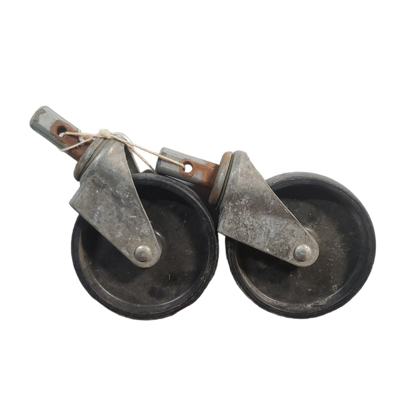 Vintage Set of Two Industrial Rubber Roller Wheel Metal Casters Rustic Set 2