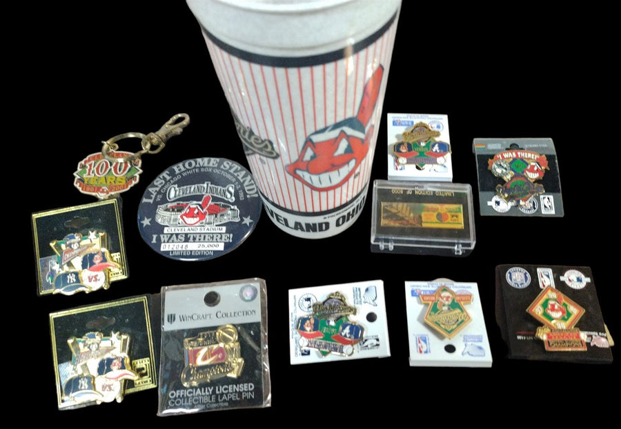Vintage Cleveland Indians 1990s World Series Sports Exclusive Pins and Cup Merch
