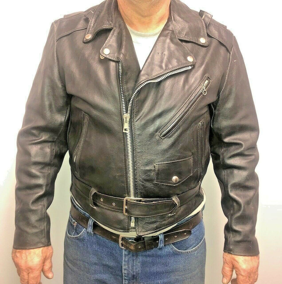 Vintage Excellent USA Made Leather Belted Motorcycle Biker Coat Jacket