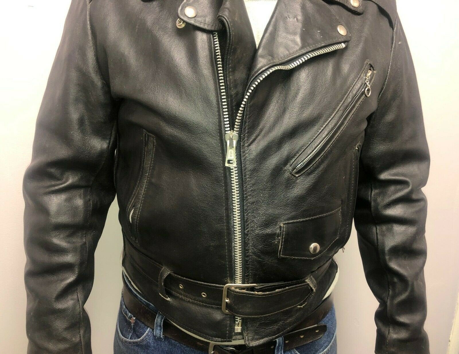 Vintage Excellent USA Made Leather Belted Motorcycle Biker Coat Jacket