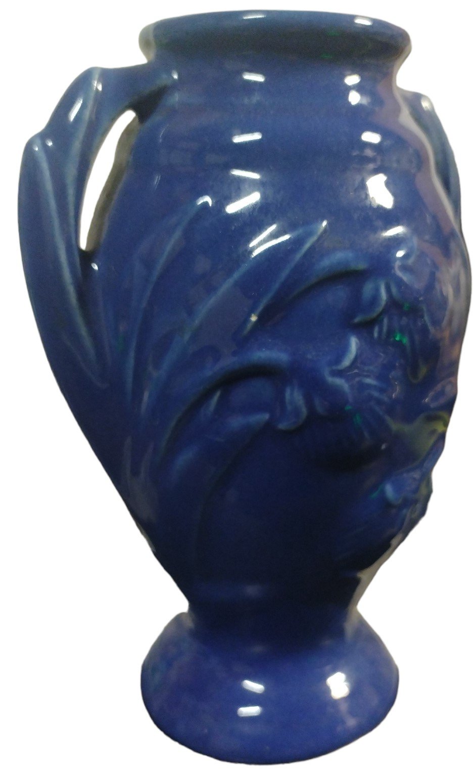 Vintage USA Ceramic Pottery 2 Handle Vase with Blue Glaze and Flower Pattern
