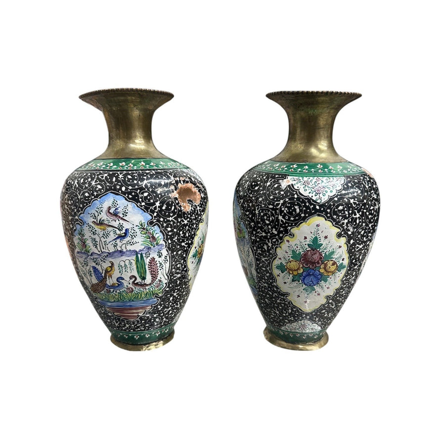 Vintage Antique Floral Coated Brass Bud Vase (Set of 2)