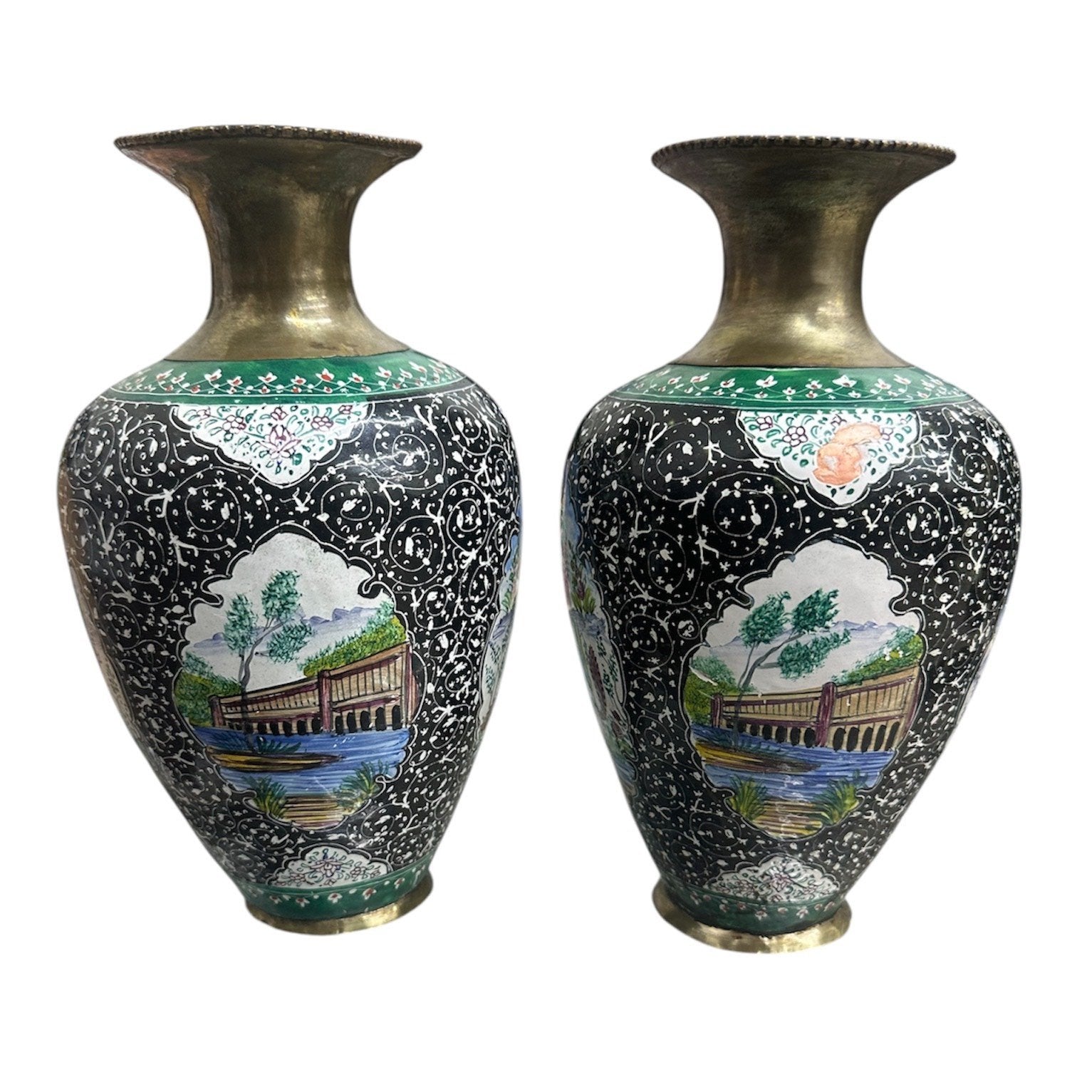 Vintage Antique Floral Coated Brass Bud Vase (Set of 2)