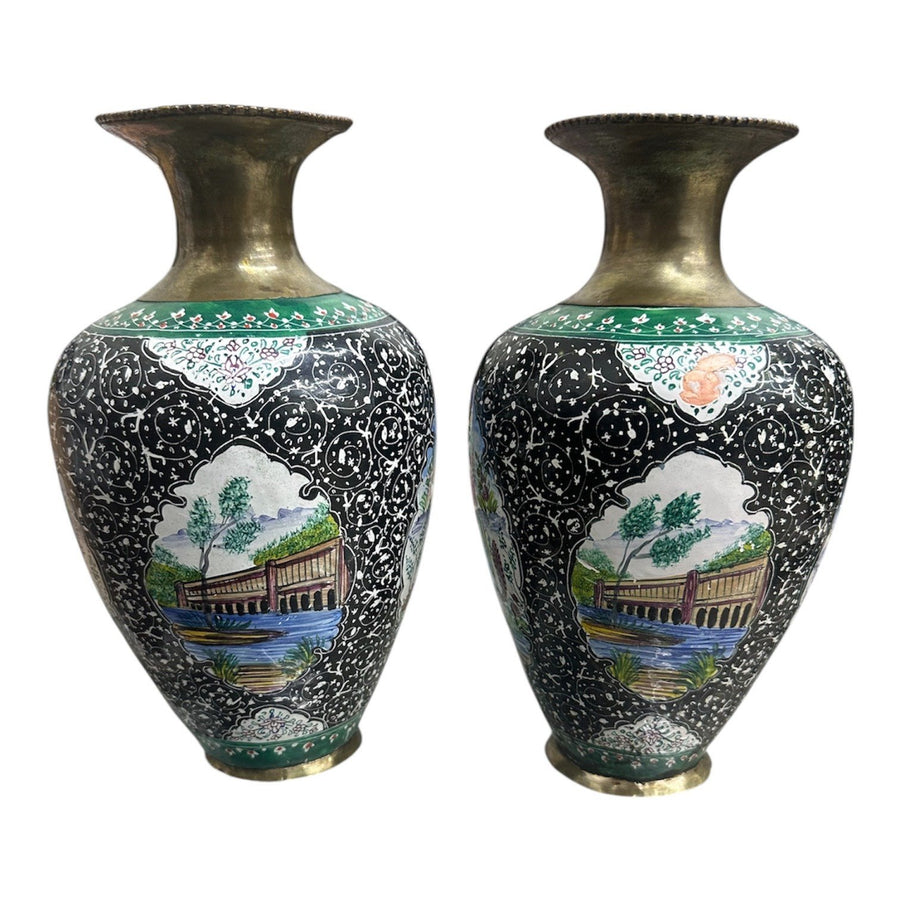 Vintage Antique Floral Coated Brass Bud Vase (Set of 2)