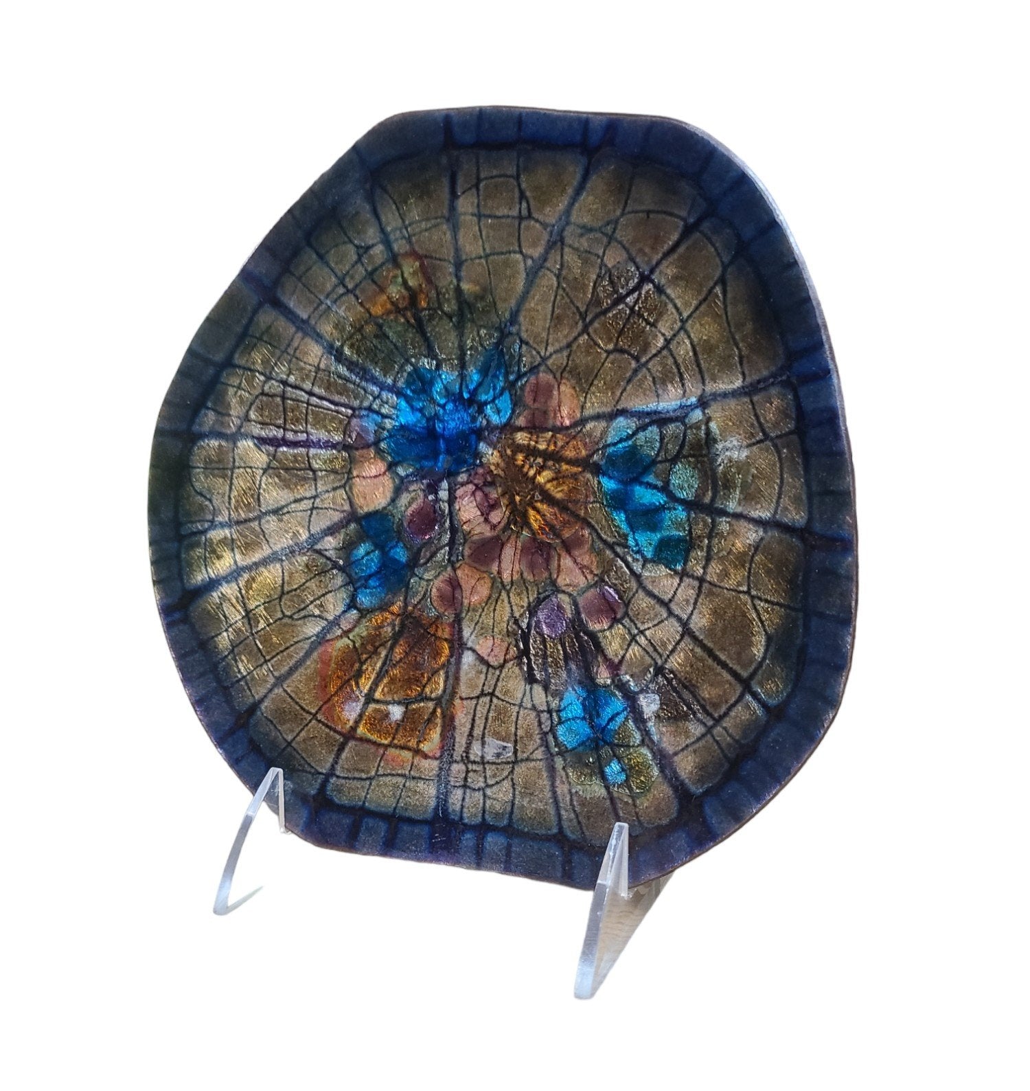 Vintage Handmade Painted Plate Decorative Enamel on Copper Blue Unique Decor