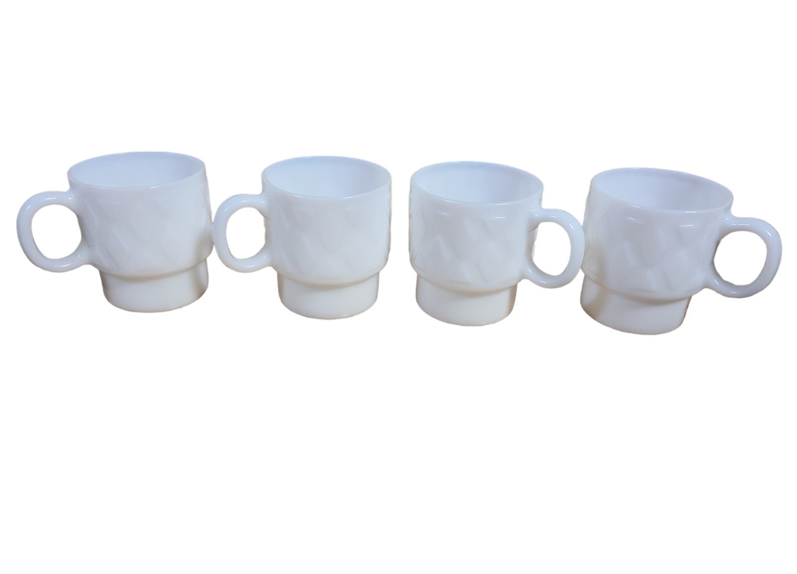 Vintage MCM Hazel Atlas Set of Four Stackable Coffee Mugs Milk Glass Diamonds