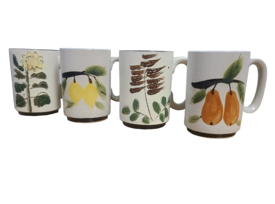Vintage MCM Set of Four Handpainted Coffee Mugs Botanical Fruit Lemon Pear Fern
