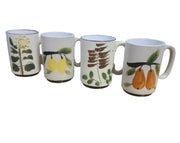 Vintage MCM Set of Four Handpainted Coffee Mugs Botanical Fruit Lemon Pear Fern