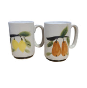Vintage MCM Set of Four Handpainted Coffee Mugs Botanical Fruit Lemon Pear Fern