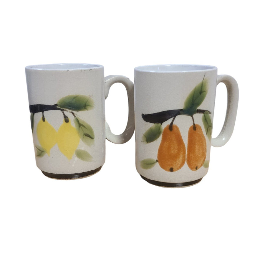 Vintage MCM Set of Four Handpainted Coffee Mugs Botanical Fruit Lemon Pear Fern