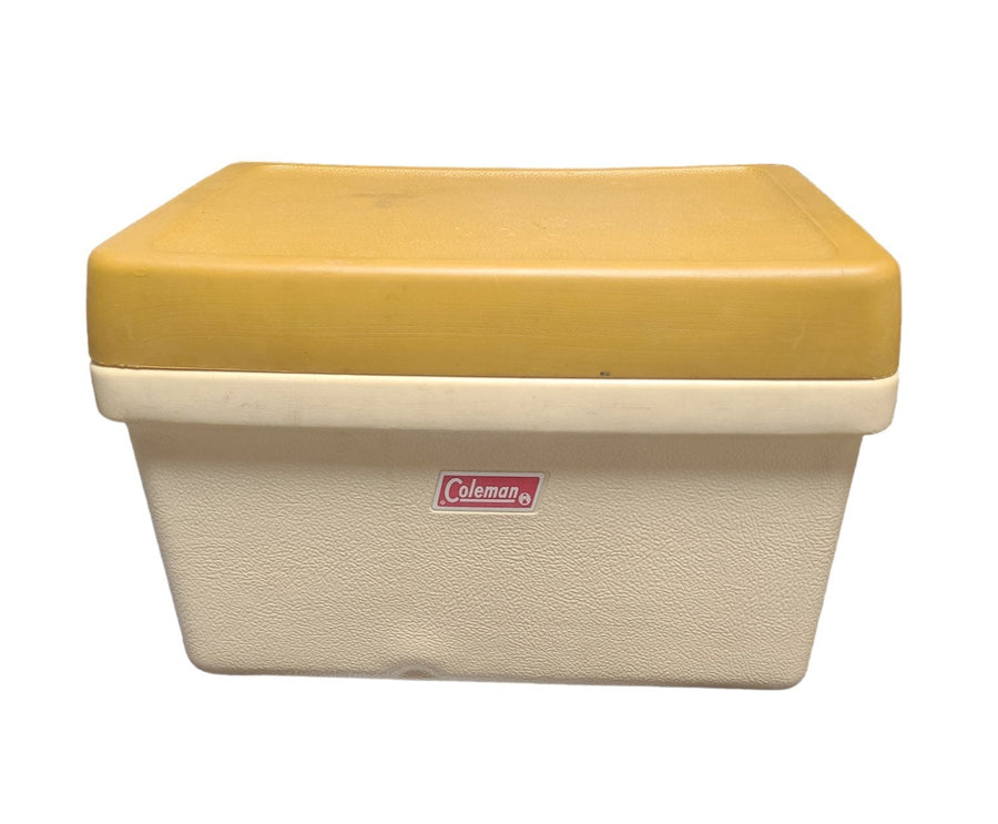 Vintage Coleman Cooler Cream Colored with Yellow Lid Metal Handles Shelf Insert
