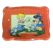 Antique 1940s Ohio Red Toy Tin Tray Boy Girl Kittens Daisy Elaine Ends Hileman