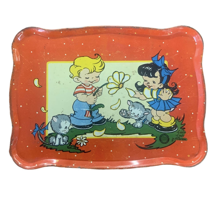 Antique 1940s Ohio Red Toy Tin Tray Boy Girl Kittens Daisy Elaine Ends Hileman