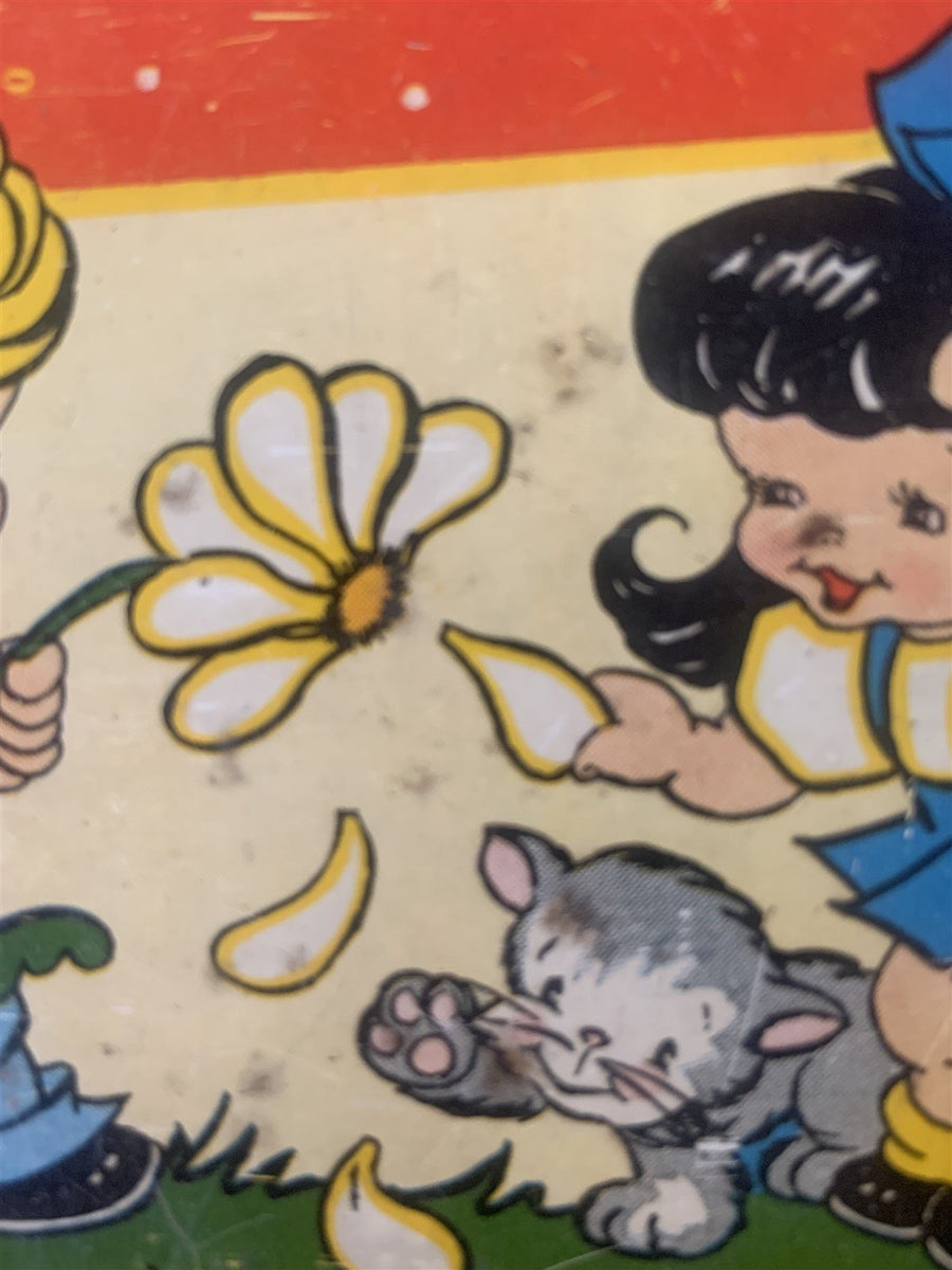 Antique 1940s Ohio Red Toy Tin Tray Boy Girl Kittens Daisy Elaine Ends Hileman