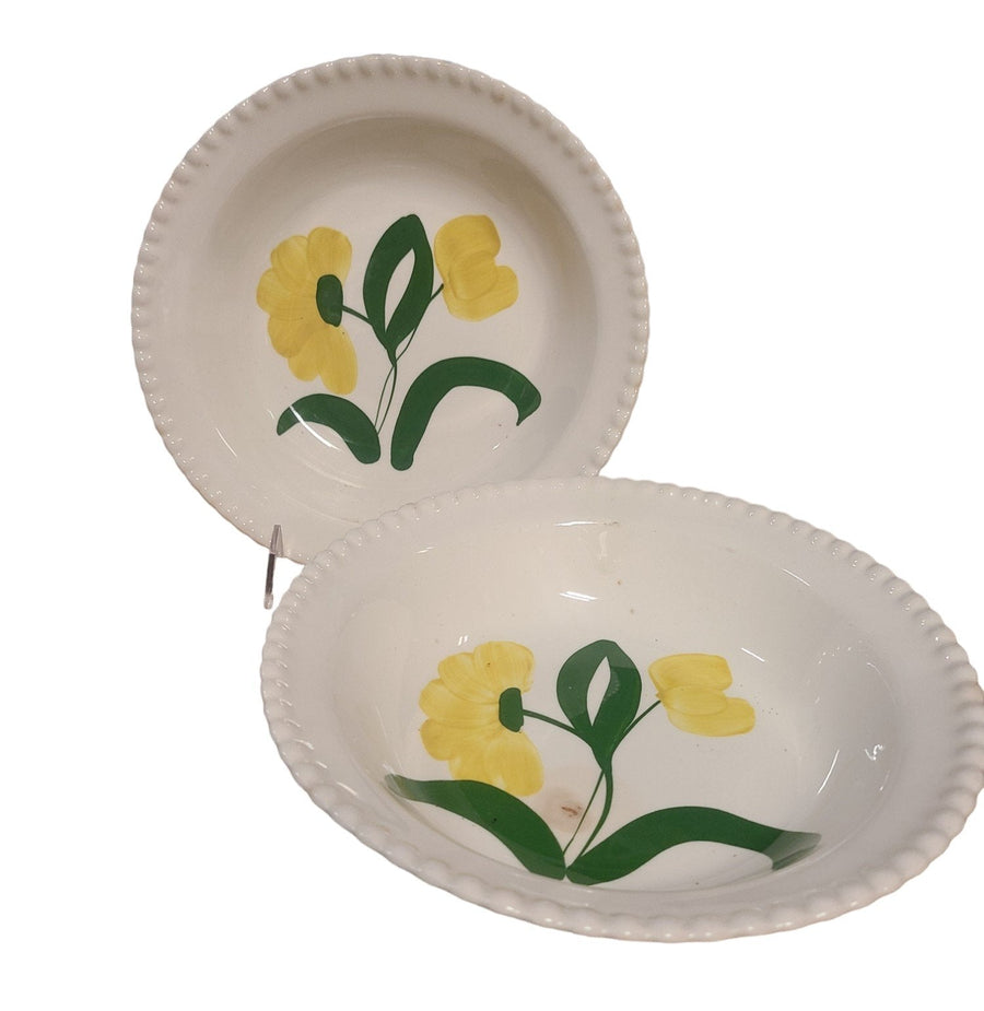 MCM Set of Two Coupe Dinner Bowls Yellow Flowers Scalloped Edges Vintage