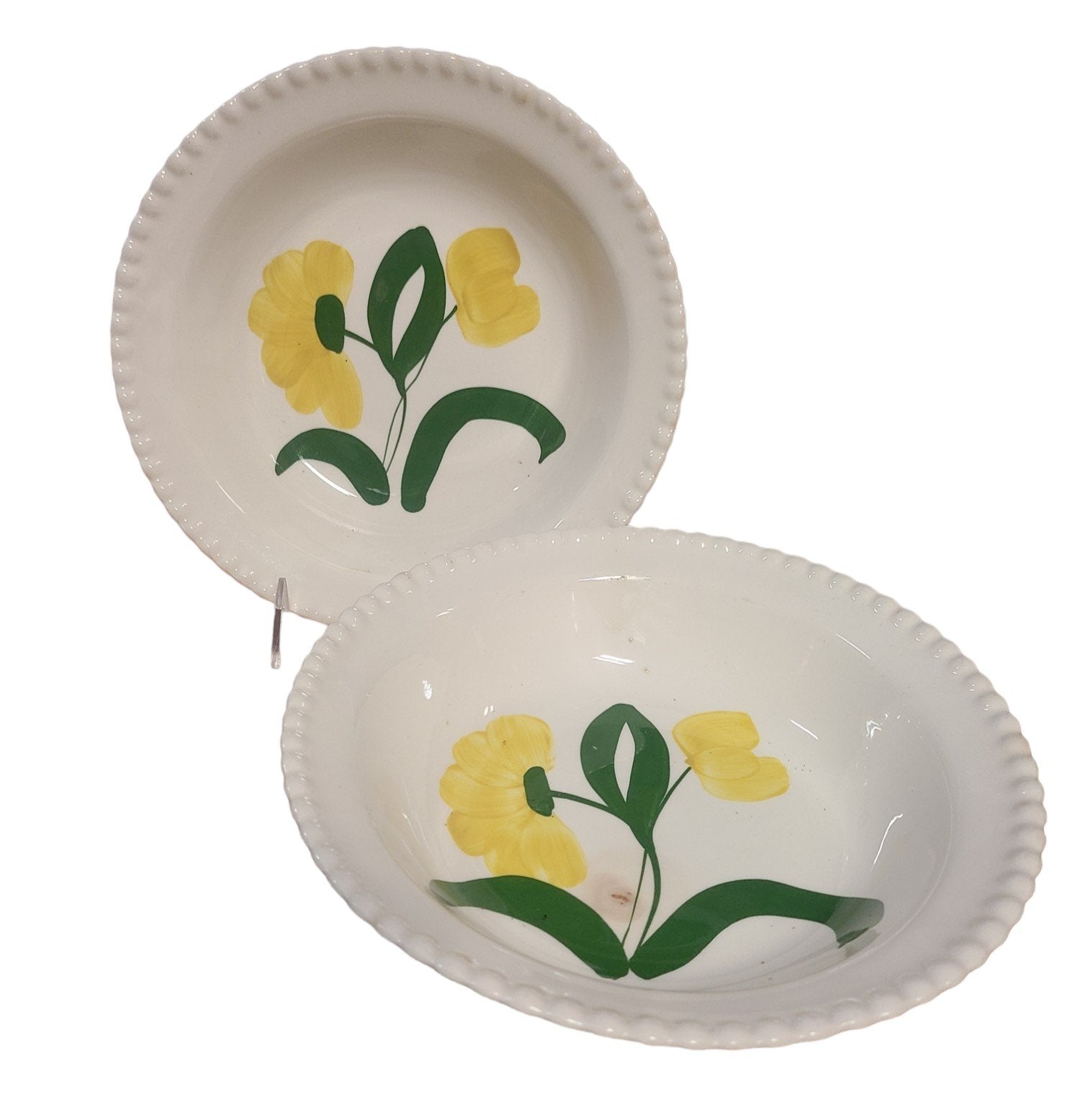 MCM Set of Two Coupe Dinner Bowls Yellow Flowers Scalloped Edges Vintage