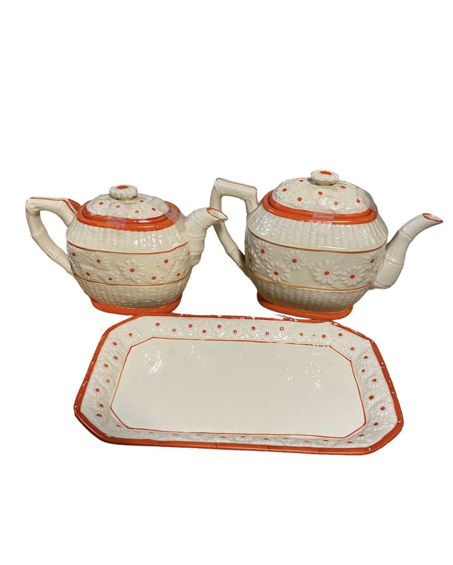 Japanese Tray Coffee Pot and Tea Pot Set Made in Japan Cream And Vibrant Orange