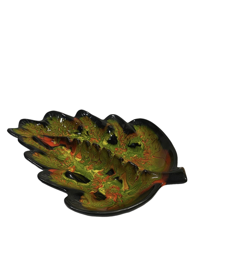 Retro Vintage Leaf Shape MCM Ashtray Marbled Red Green Black USA Ceramic