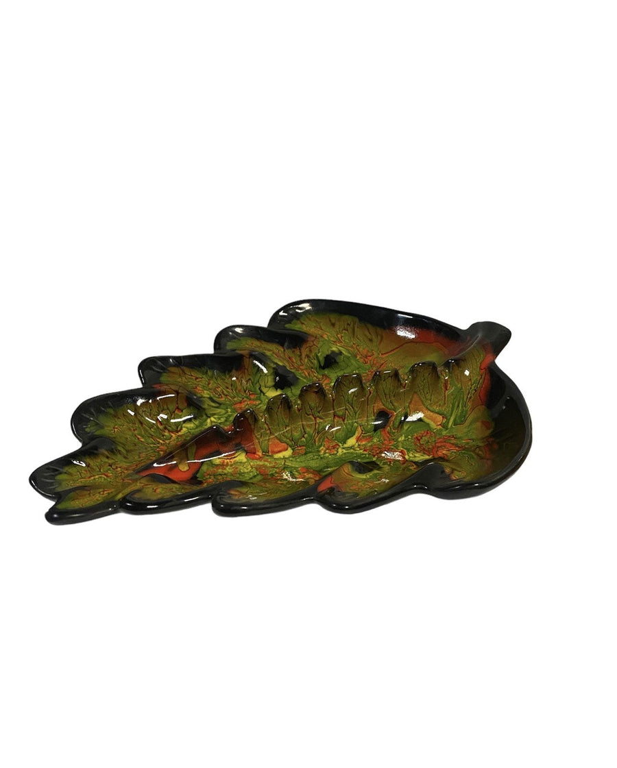 Retro Vintage Leaf Shape MCM Ashtray Marbled Red Green Black USA Ceramic